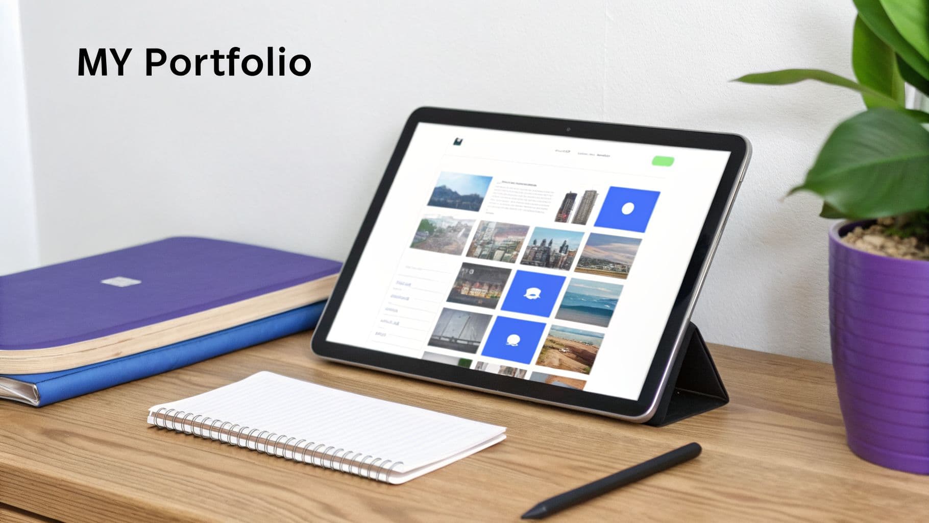 A desk with a tablet displaying a digital portfolio website, notebooks, and a plant, with 'MY Portfolio' text.