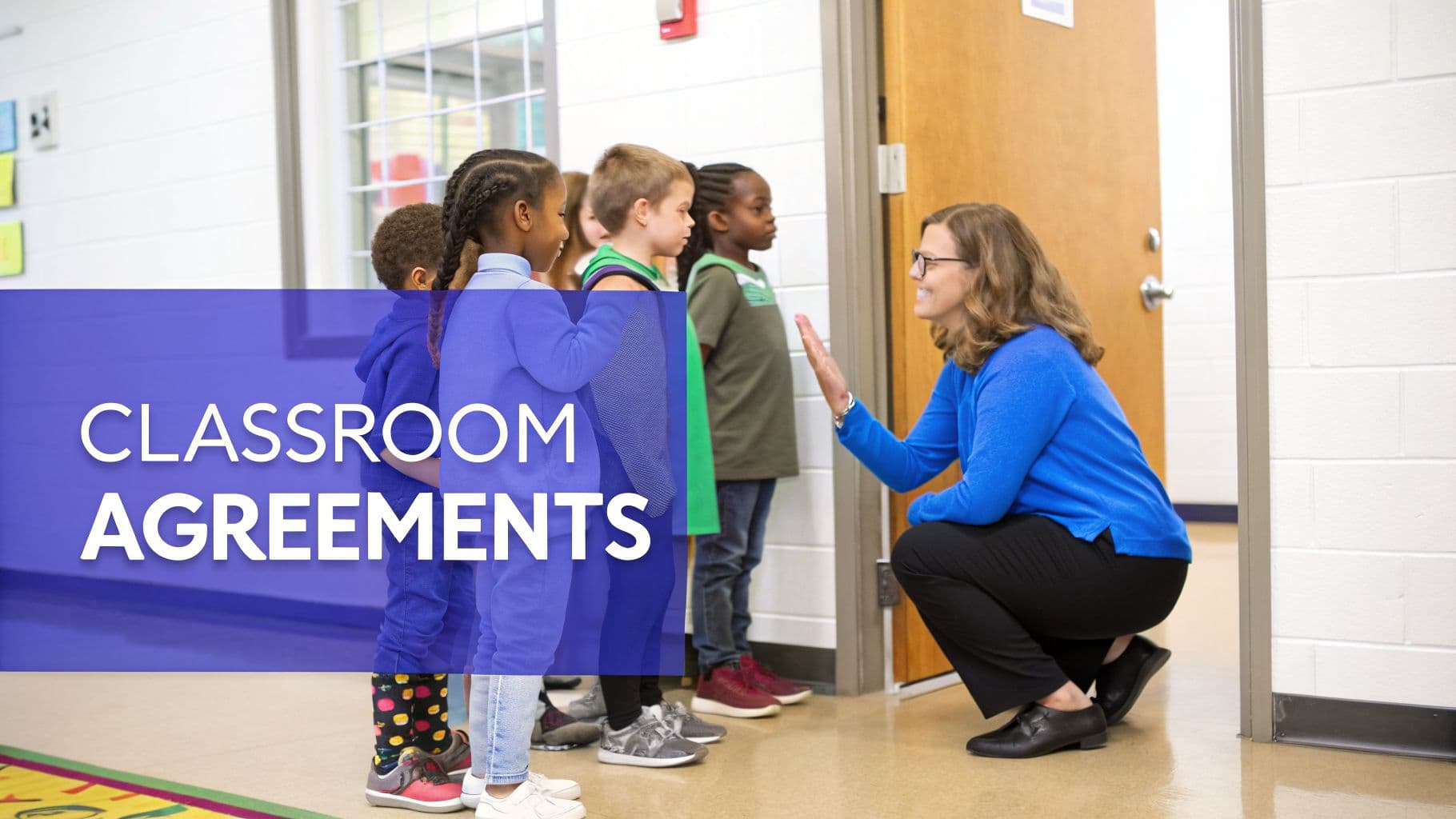A smiling teacher high-fives a student in a line of diverse children in a classroom.