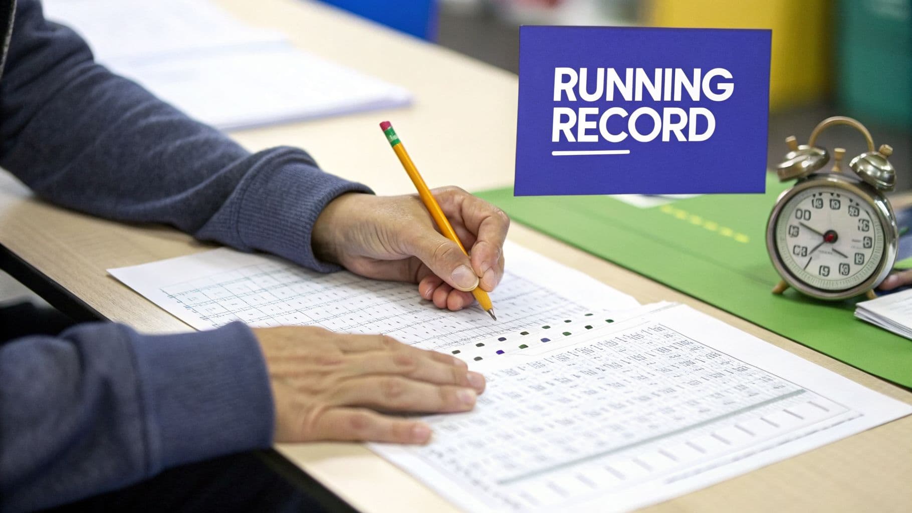Student's hands writing on a running record assessment sheet with a pencil, next to an alarm clock.