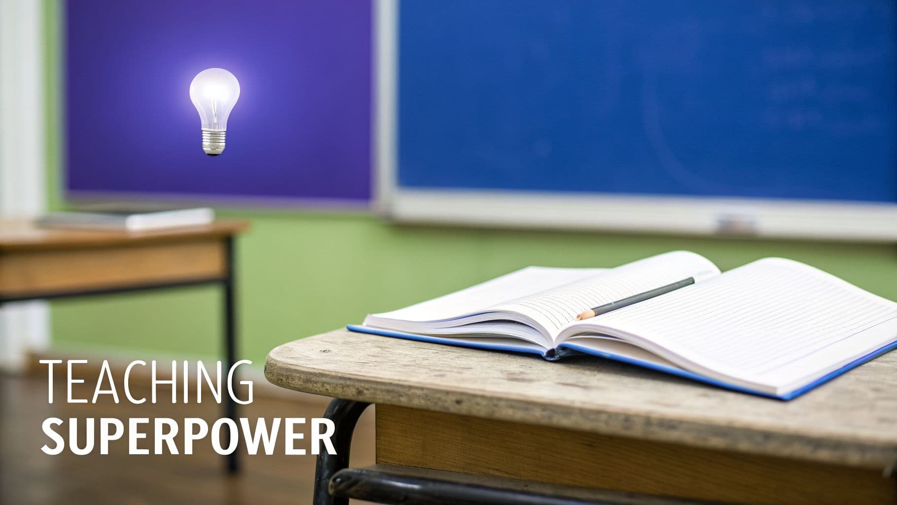 A classroom scene with an open notebook, pencil on a wooden desk, a lightbulb, and 'TEACHING SUPERPOWER' text.
