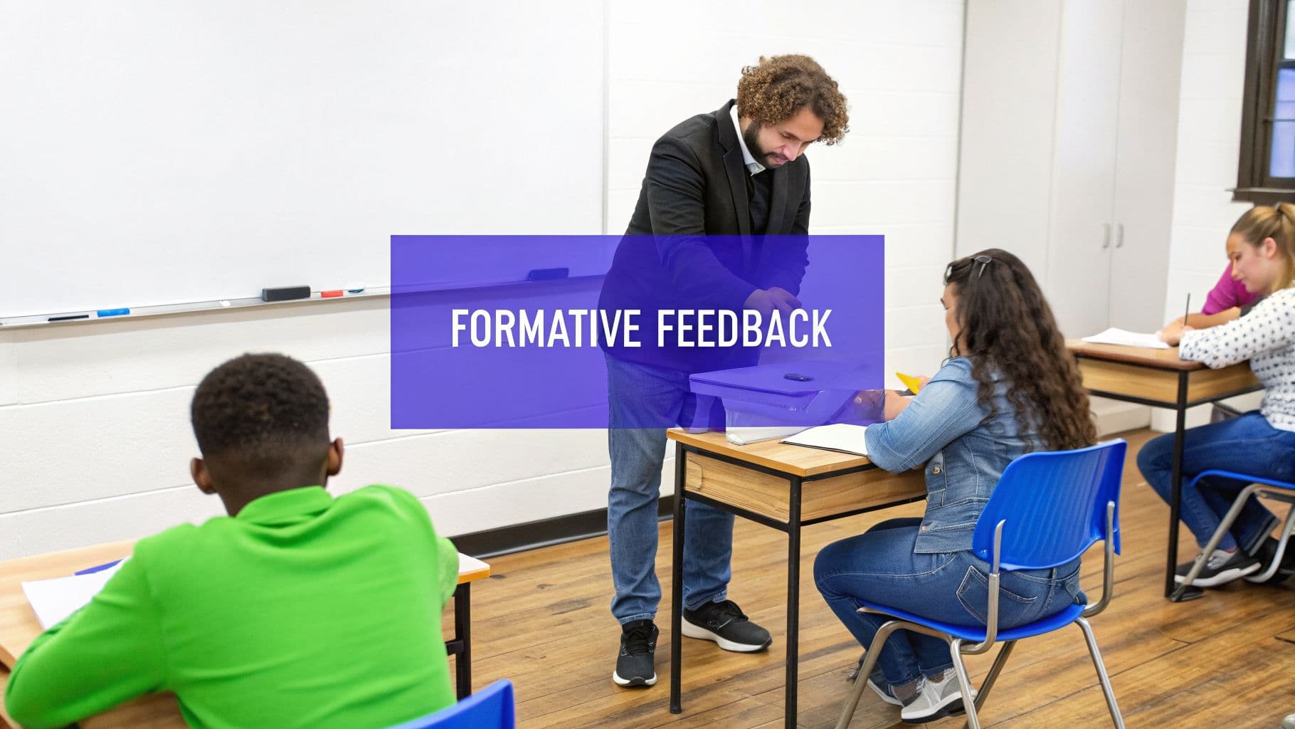 A teacher with curly hair provides formative feedback to students working at their desks in a classroom.