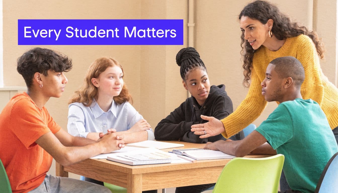 A female teacher standing and guiding a diverse group of four students sitting together around a classroom table.