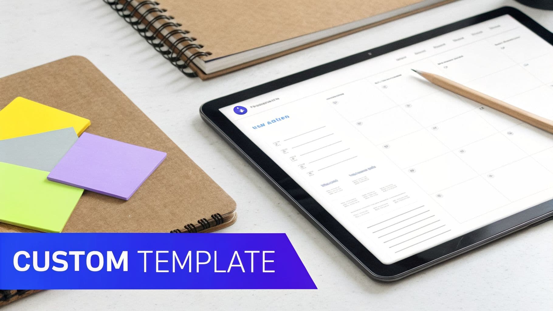 A tablet displaying a digital lesson plan, alongside colorful sticky notes, a pencil, and a notebook on a desk.