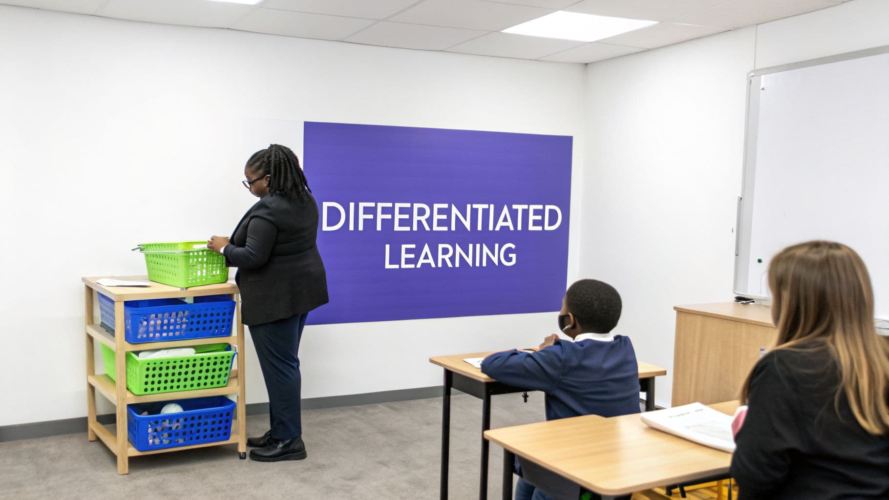 A teacher organizes colorful baskets on a shelf in a classroom with students and a 'Differentiated Learning' sign.