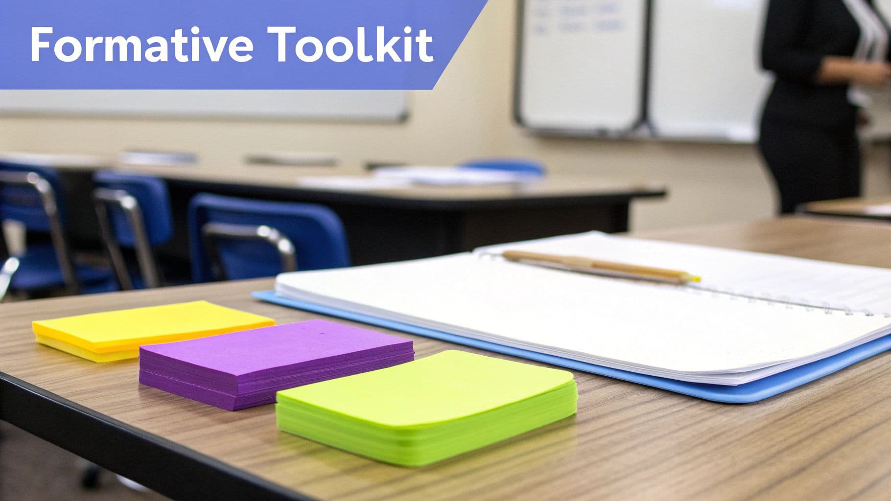 Text 'Formative Toolkit' with colorful sticky notes, notebook, and pencil on a classroom desk.