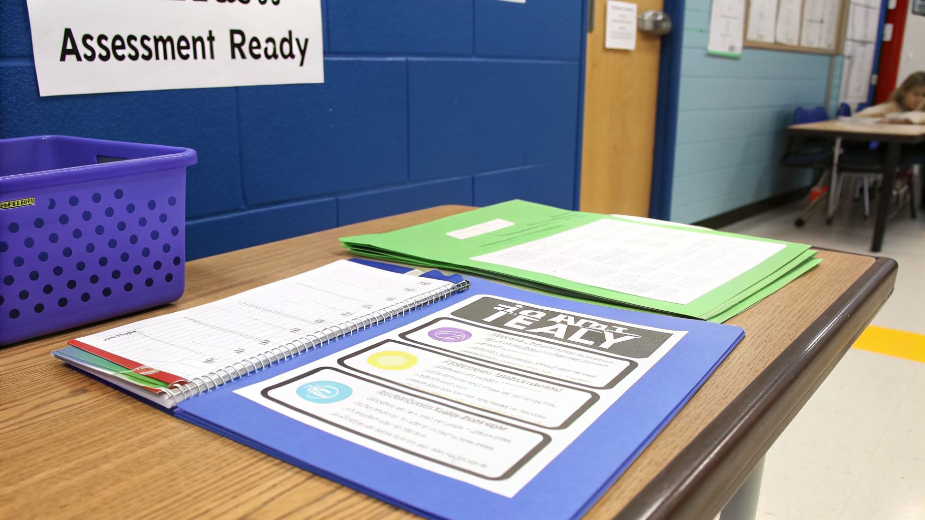 A classroom desk with lesson plan templates, folders, a purple bin, and an "Assessment Ready" sign.