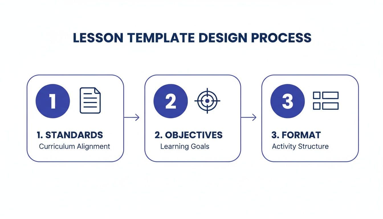 A diagram illustrating the three-step Lesson Template Design Process: Standards, Objectives, and Format.