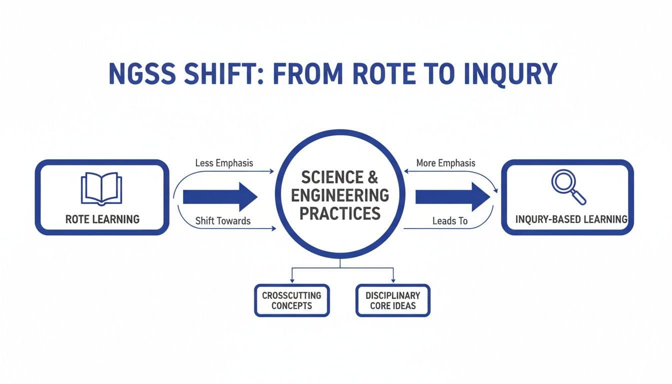 Diagram illustrating the NGSS shift from rote learning to inquiry-based learning through science and engineering practices.