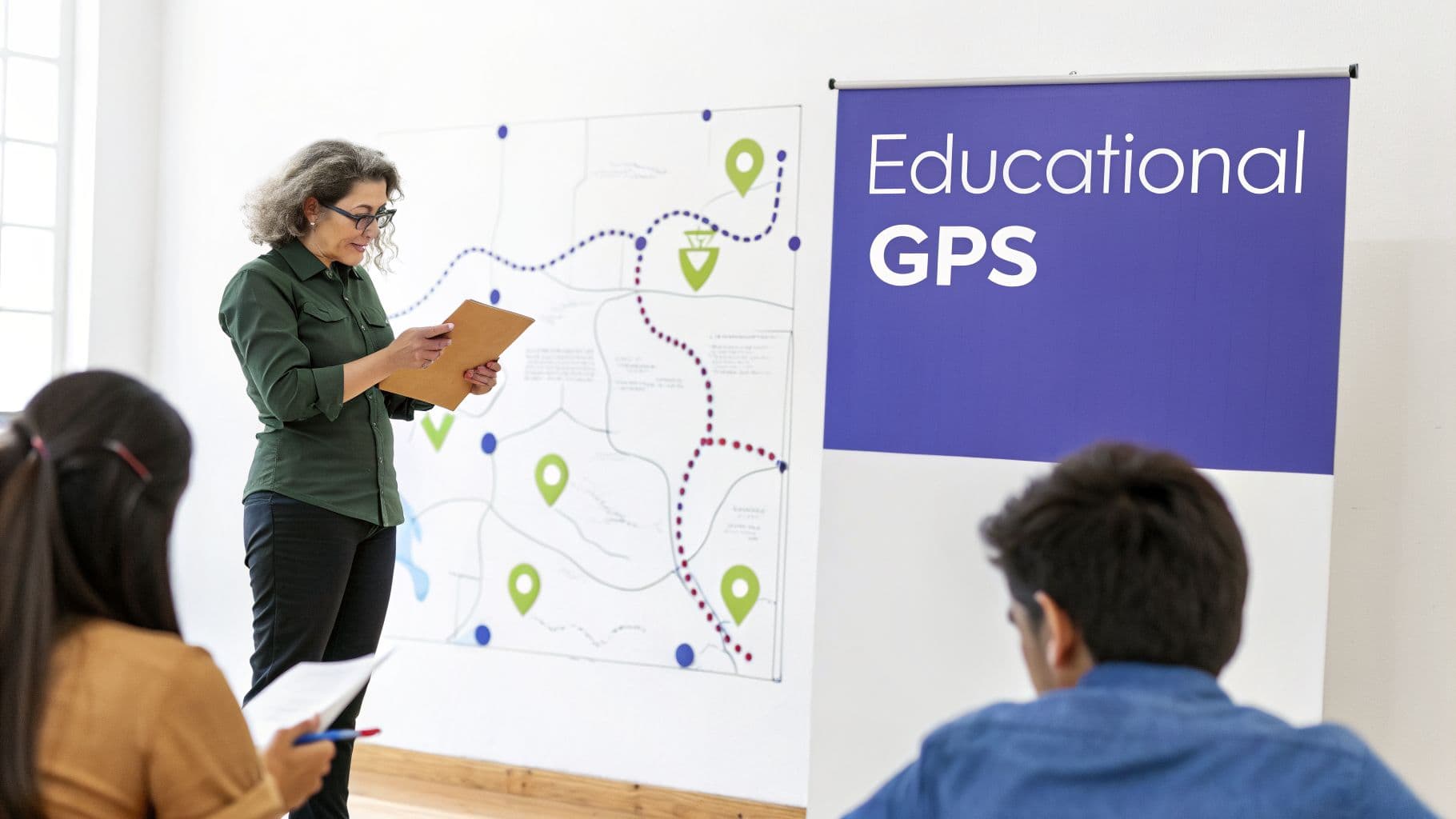 A woman presents "Educational GPS" to students, standing beside a map on a whiteboard.