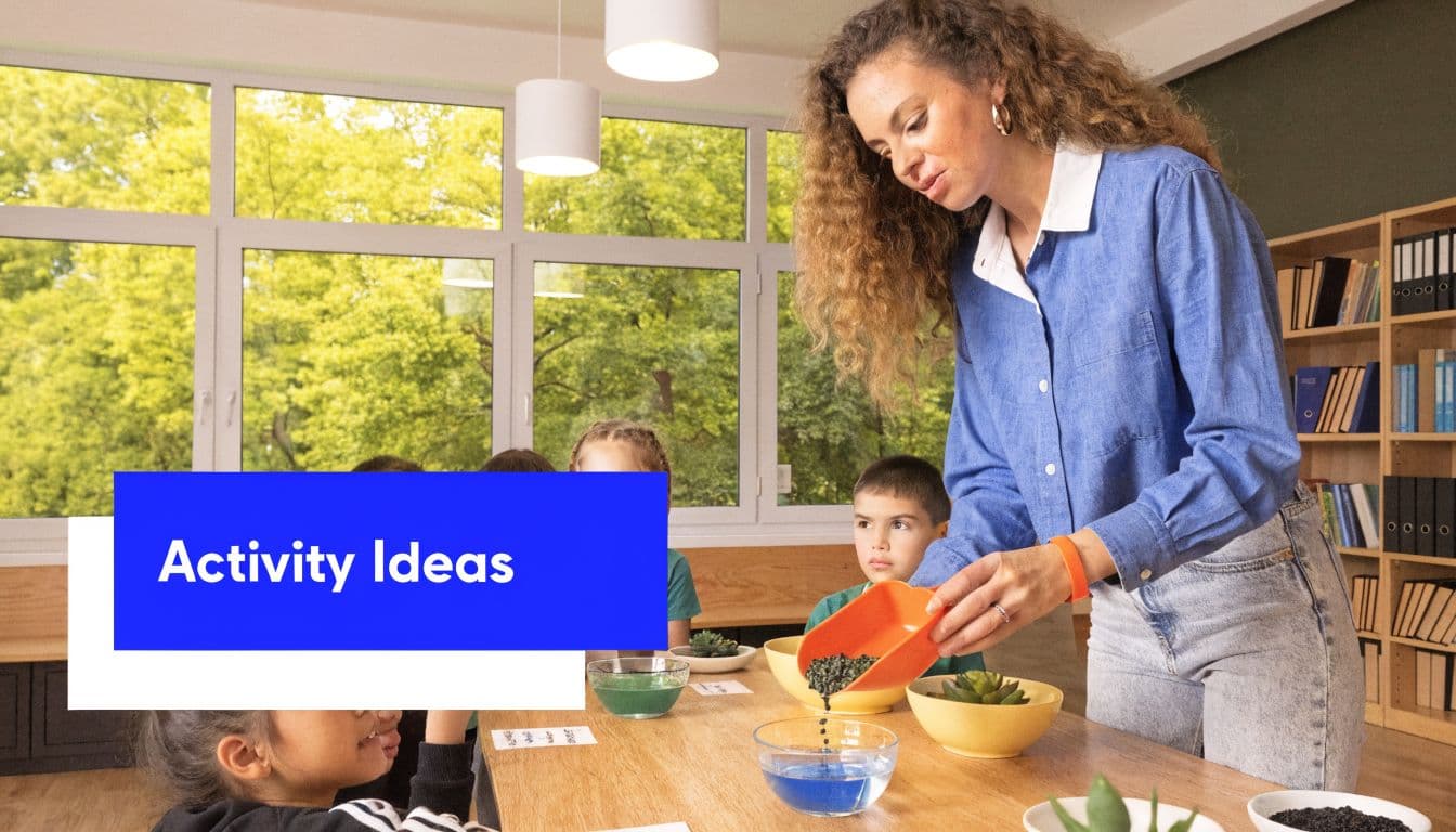 A teacher assisting young students with a hands-on science or gardening activity in a sunny classroom.