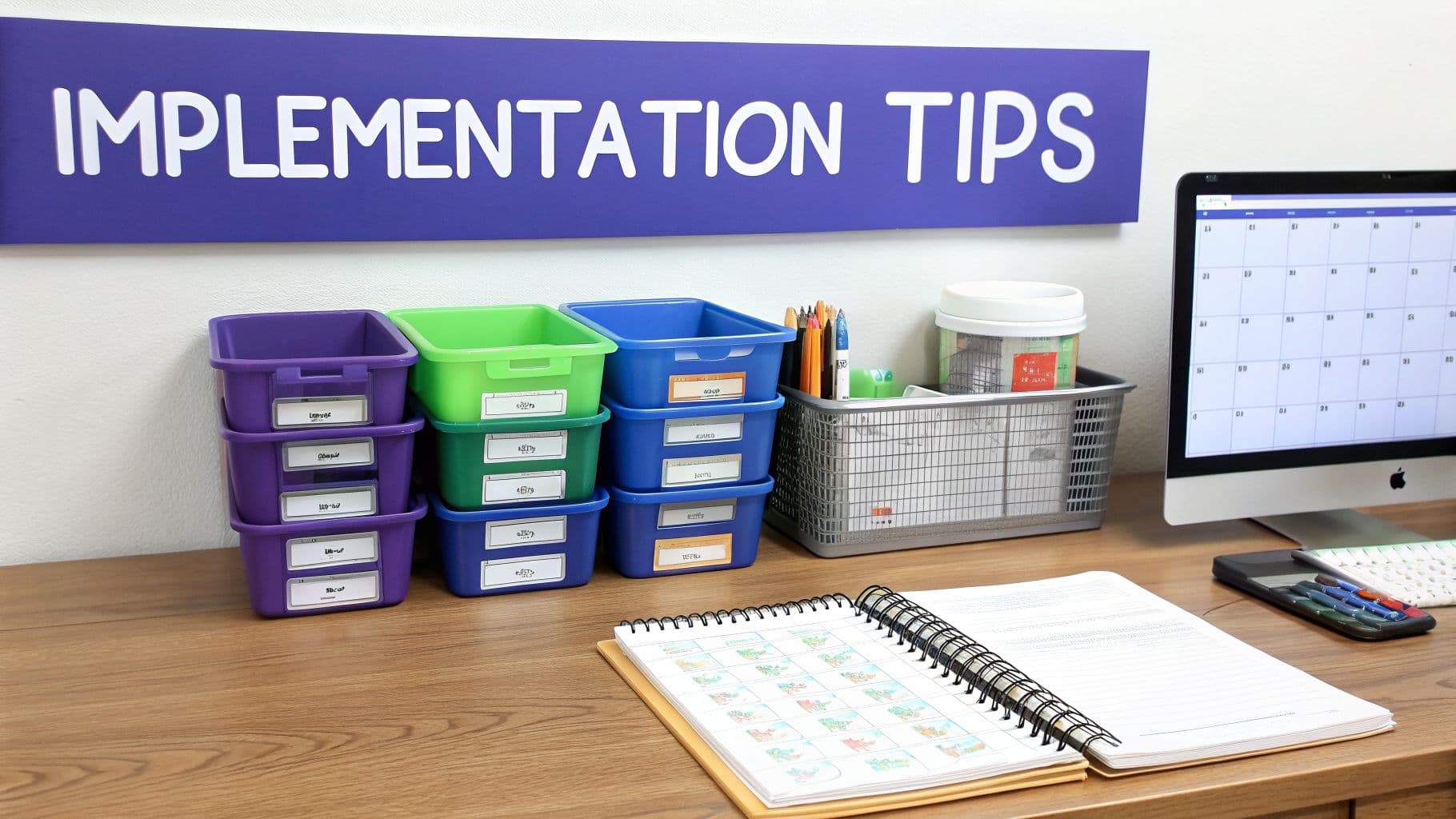 A brightly lit desk setup featuring a banner with "IMPLEMENTATION TIPS," colorful storage bins, and a computer.