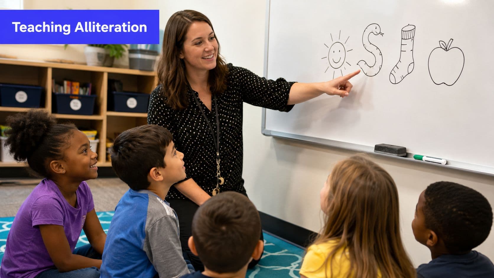 A female teacher pointing to a drawing of a snake on a whiteboard for elementary students.