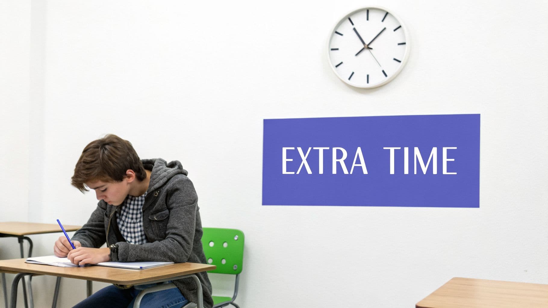 A young student writes at a desk in a classroom, with an 'EXTRA TIME' sign on the wall.