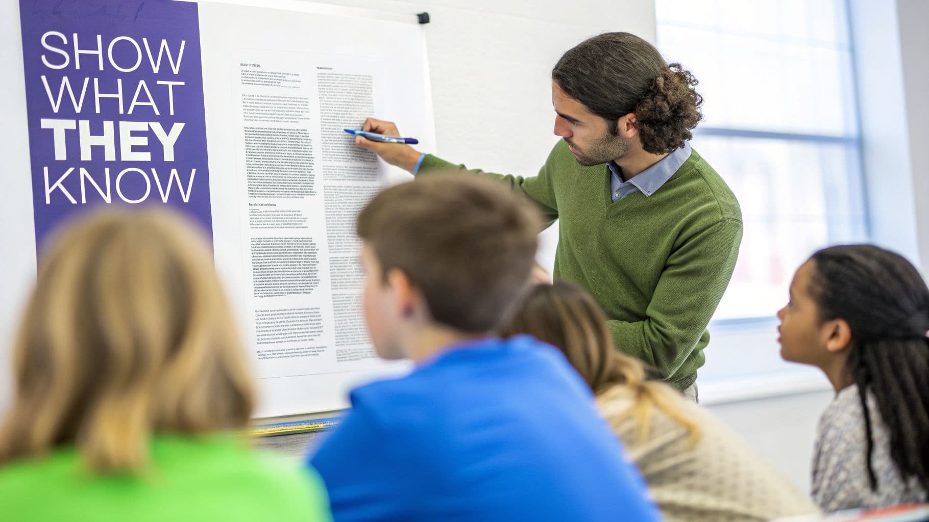 A male teacher points at a poster board with 'SHOW WHAT THEY KNOW' to students.