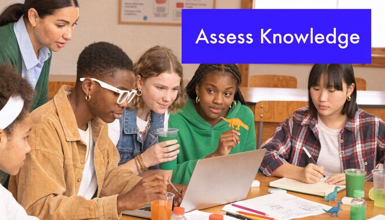 A diverse group of students working collaboratively on a laptop in a classroom with a teacher.