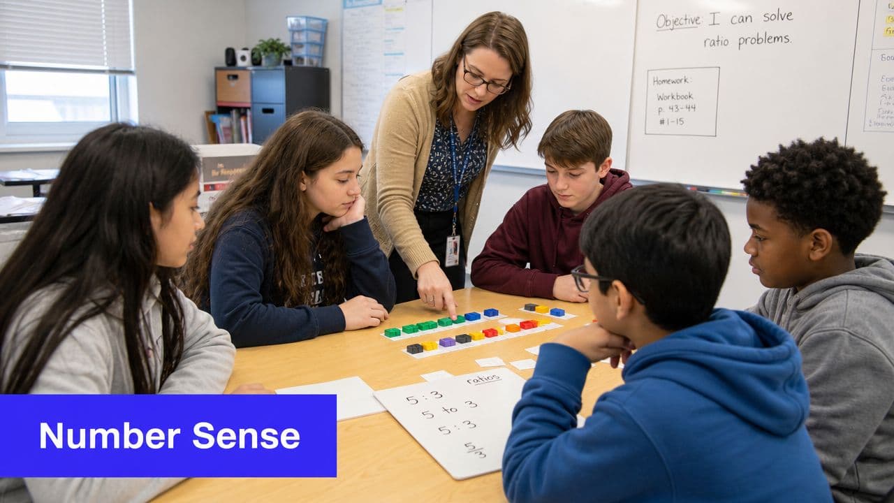 A teacher guides a small group of students as they learn to solve ratio problems with colorful blocks.