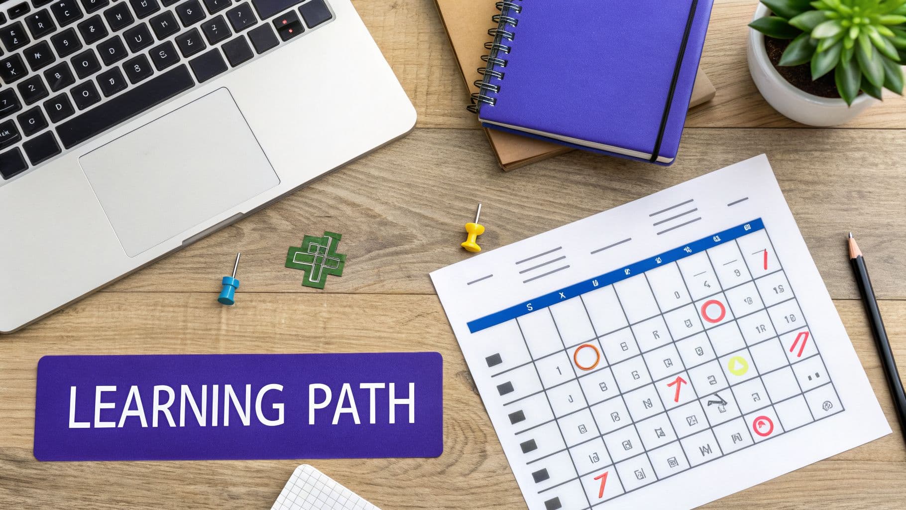 Flat lay of a desk with a laptop, notebooks, a marked calendar, and 'LEARNING PATH' text.
