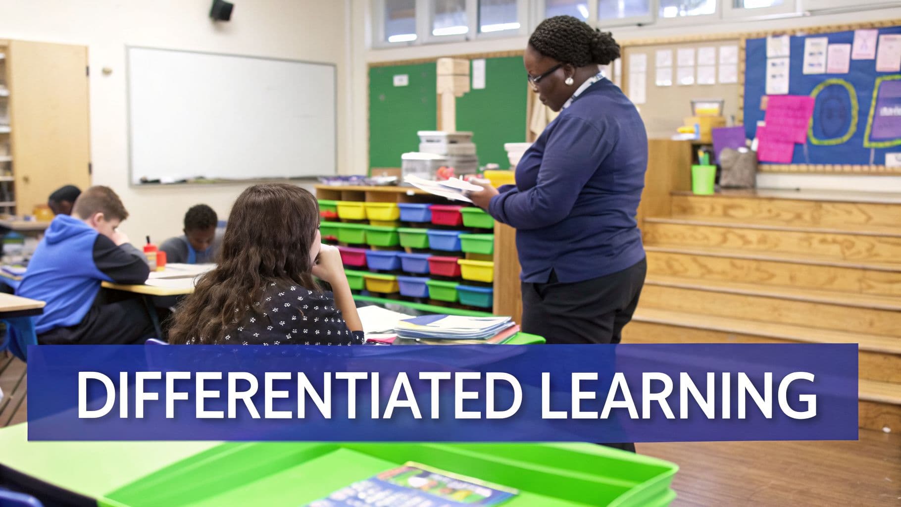 A teacher in a classroom with diverse students engaged in differentiated learning activities.