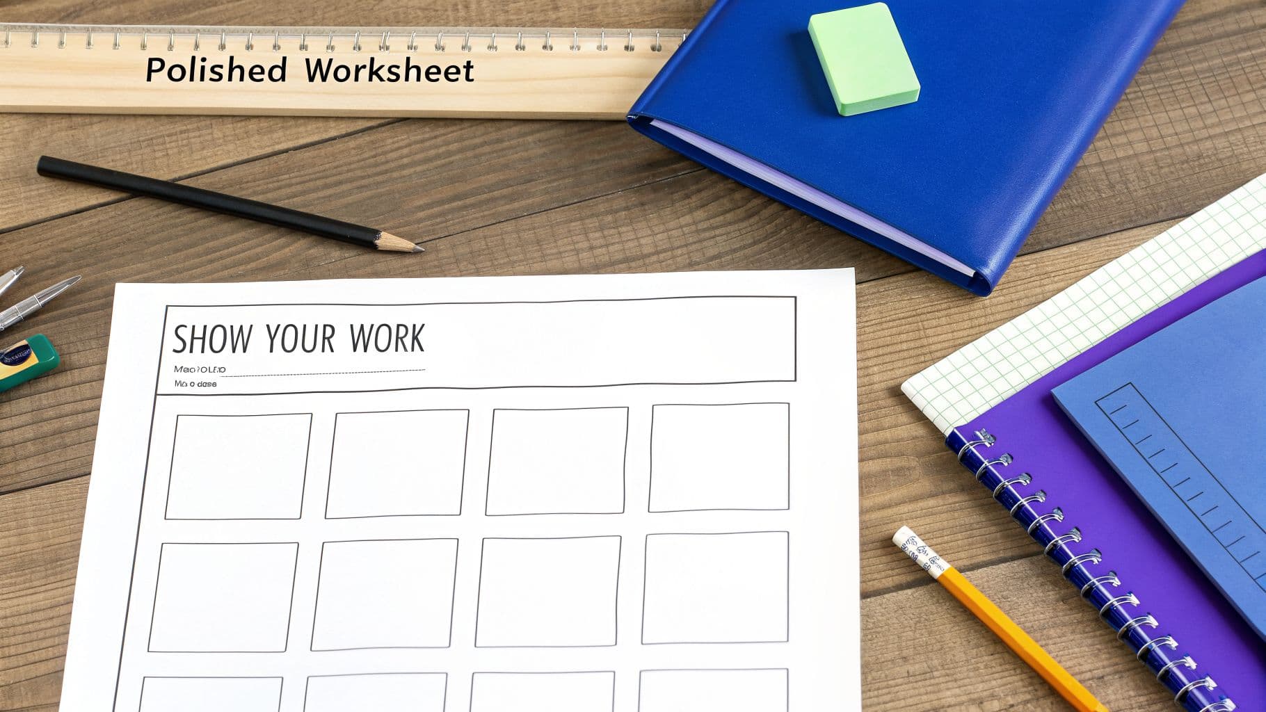 Desk with 'Show Your Work' worksheet, pencils, notebooks, and a ruler saying 'Polished Worksheet'.