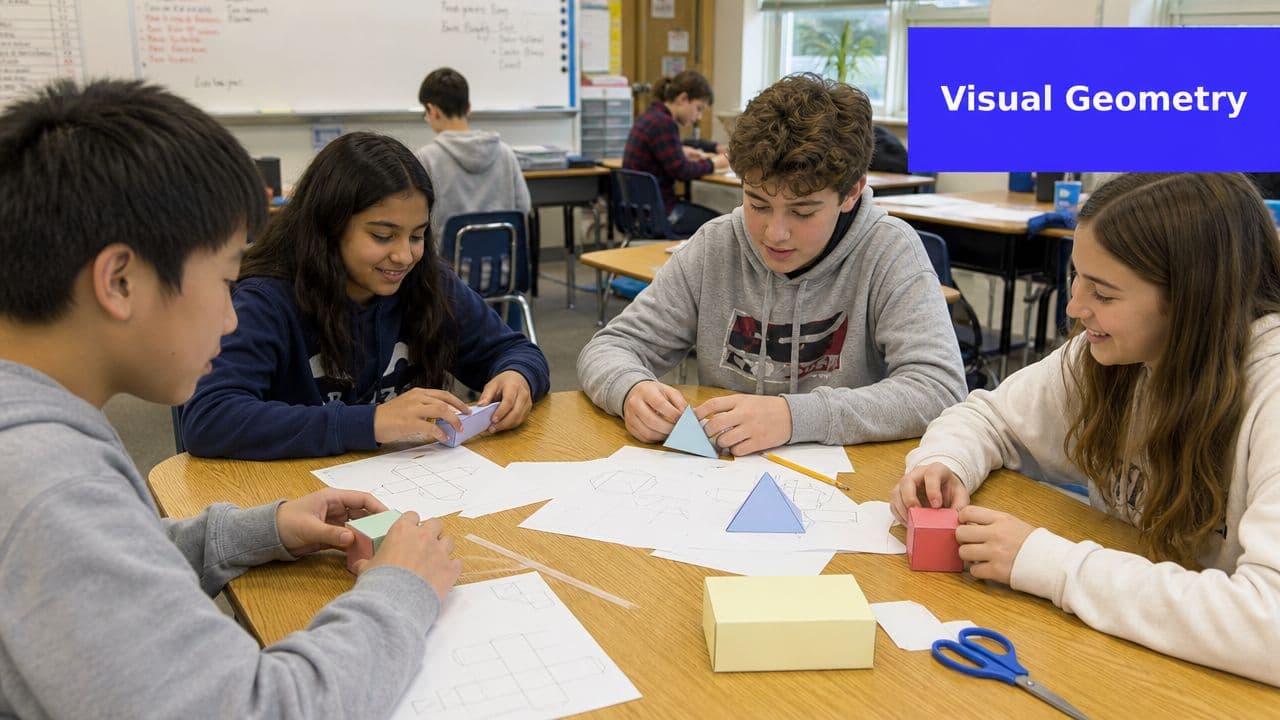 A group of middle school students working on 3D geometric paper shapes in a classroom setting.