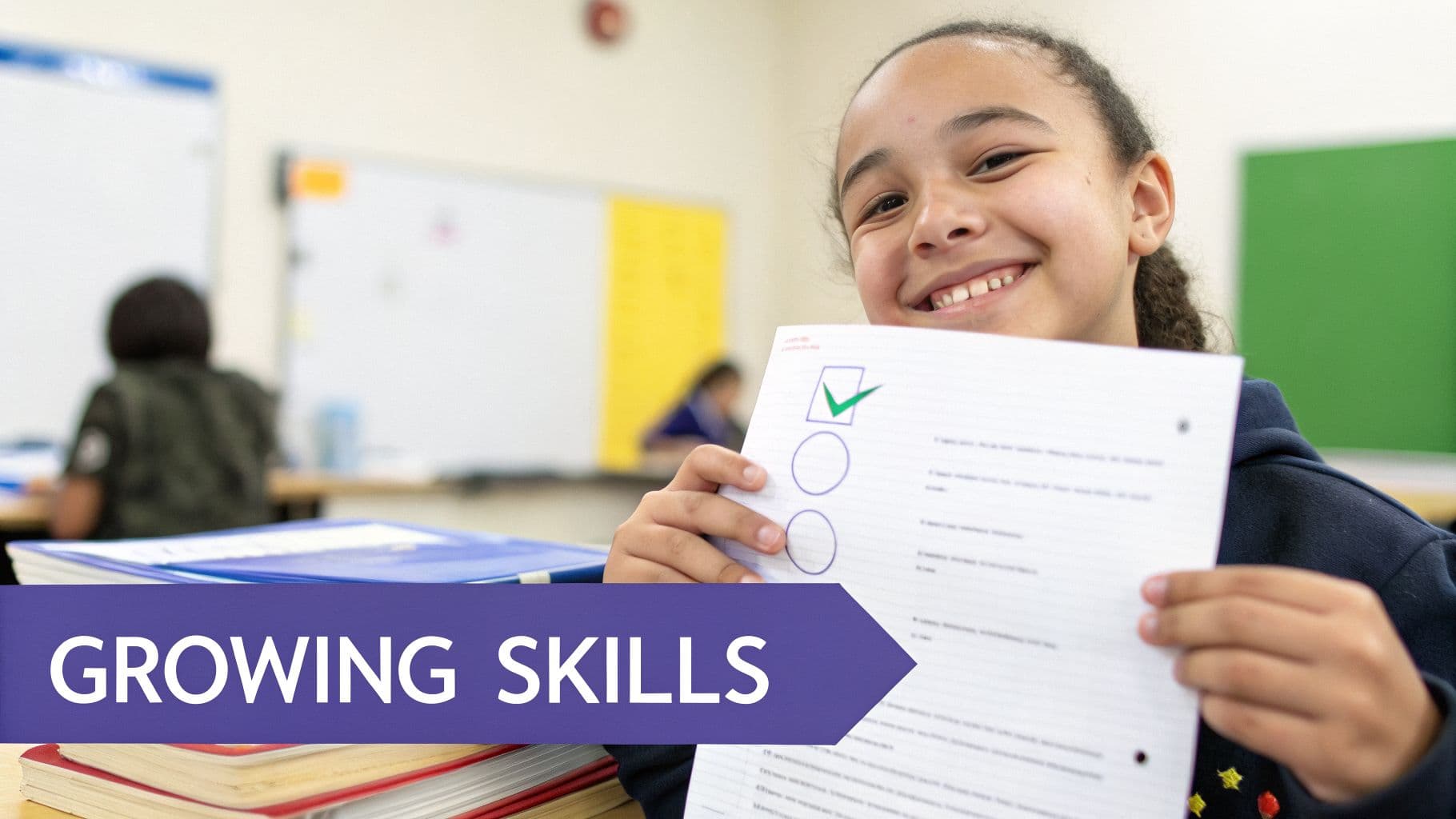 A smiling student in a classroom holds a paper with a green checkmark, demonstrating growing skills.