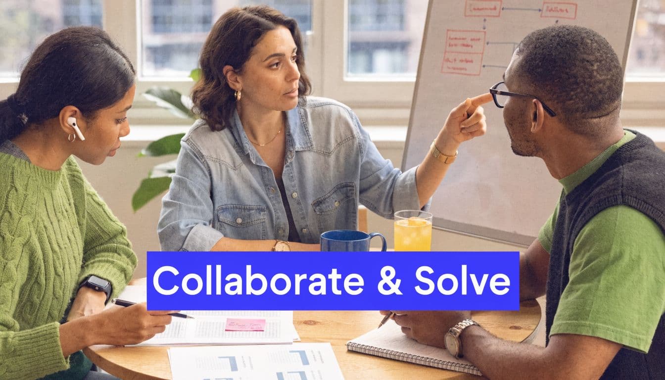 A diverse group of three colleagues brainstorming and solving problems together in a modern, well-lit office setting.