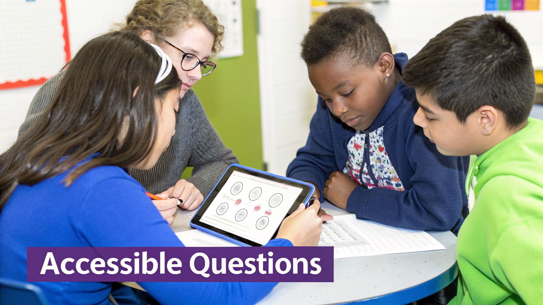 Diverse students and a teacher collaborate on a tablet displaying accessible educational content.