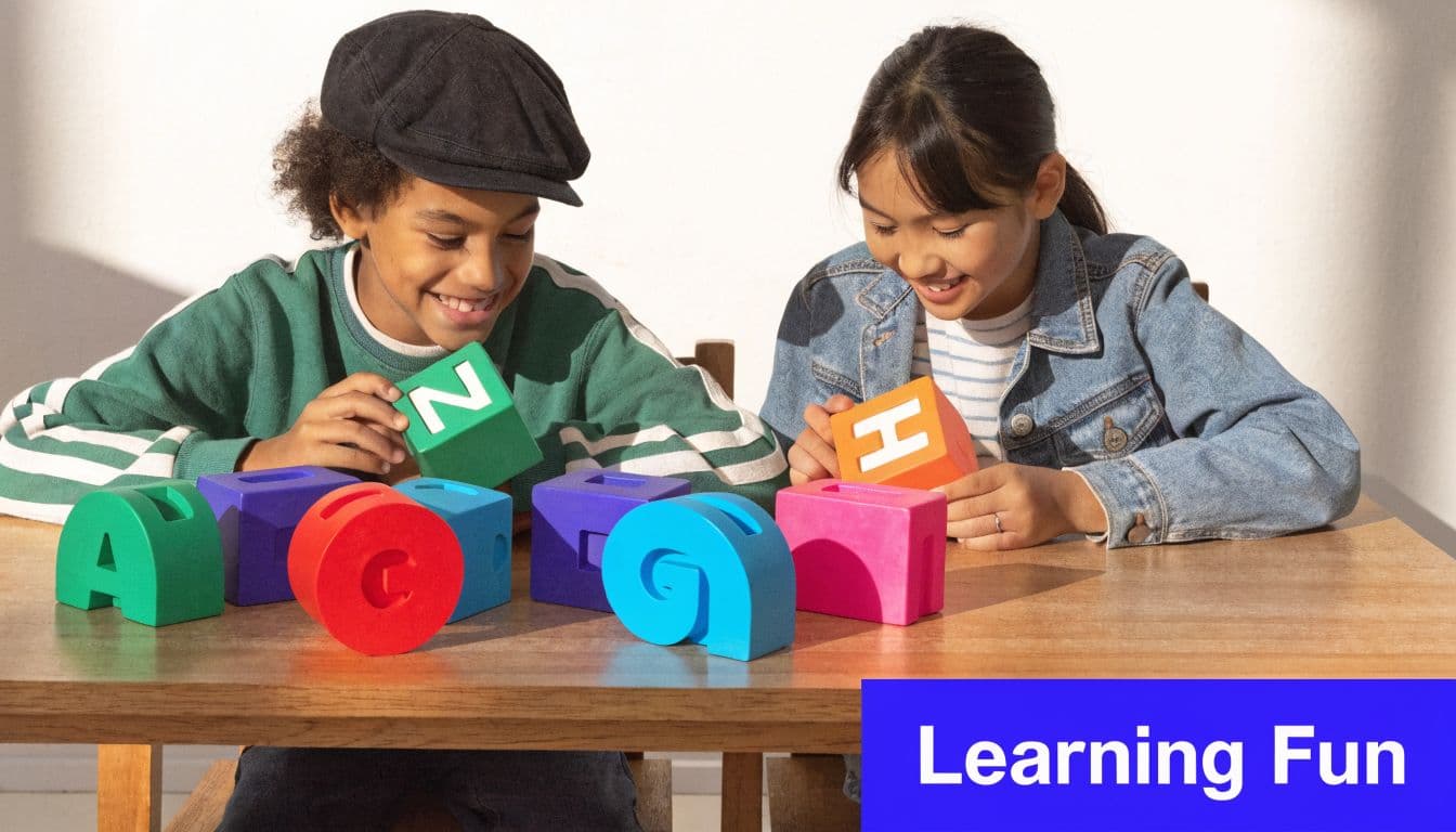 A young boy and girl sitting at a table smiling while playing with colorful alphabet blocks.