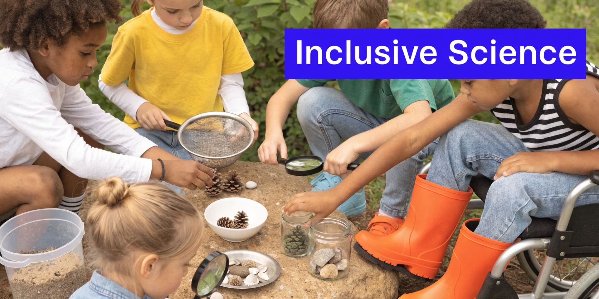 Diverse children engage in an inclusive science lesson exploring nature items like pinecones and rocks together.