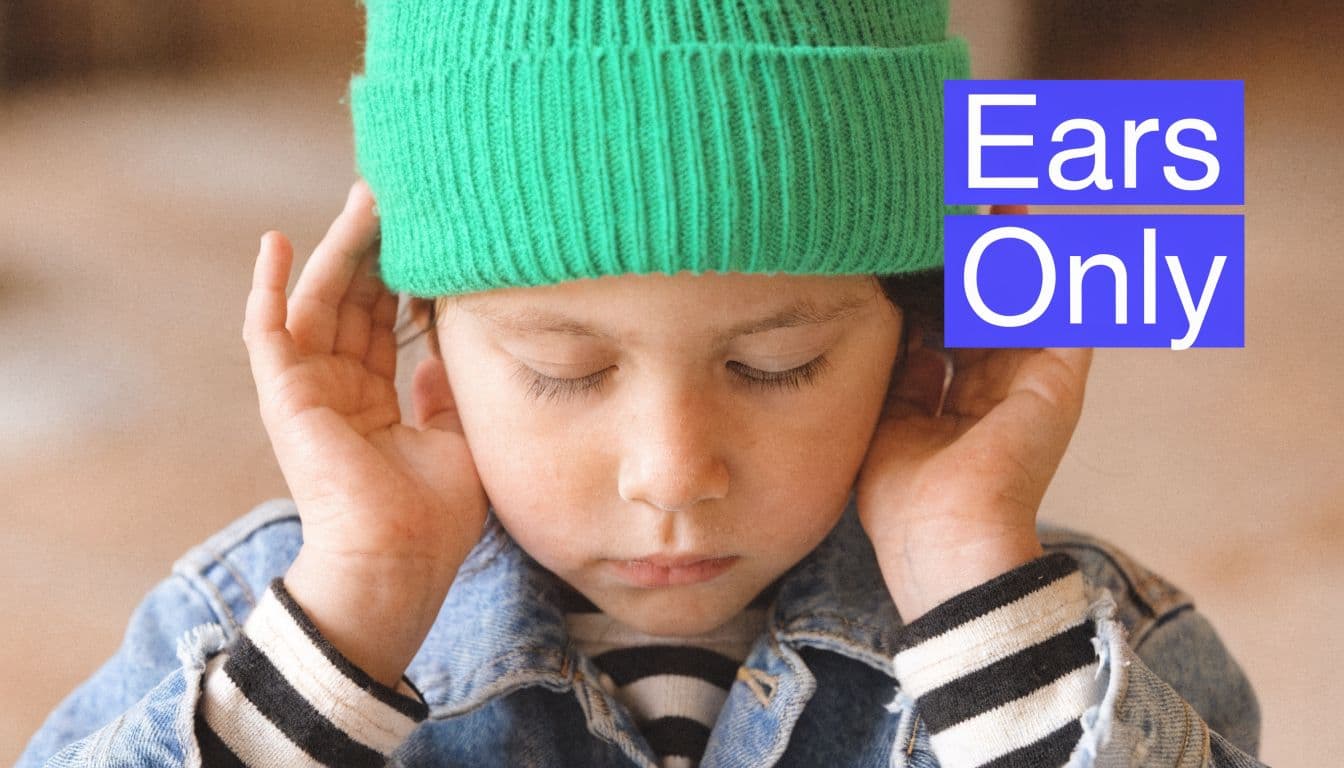 A young child wearing a green beanie covers their ears with both hands, representing listening or sensory focus.