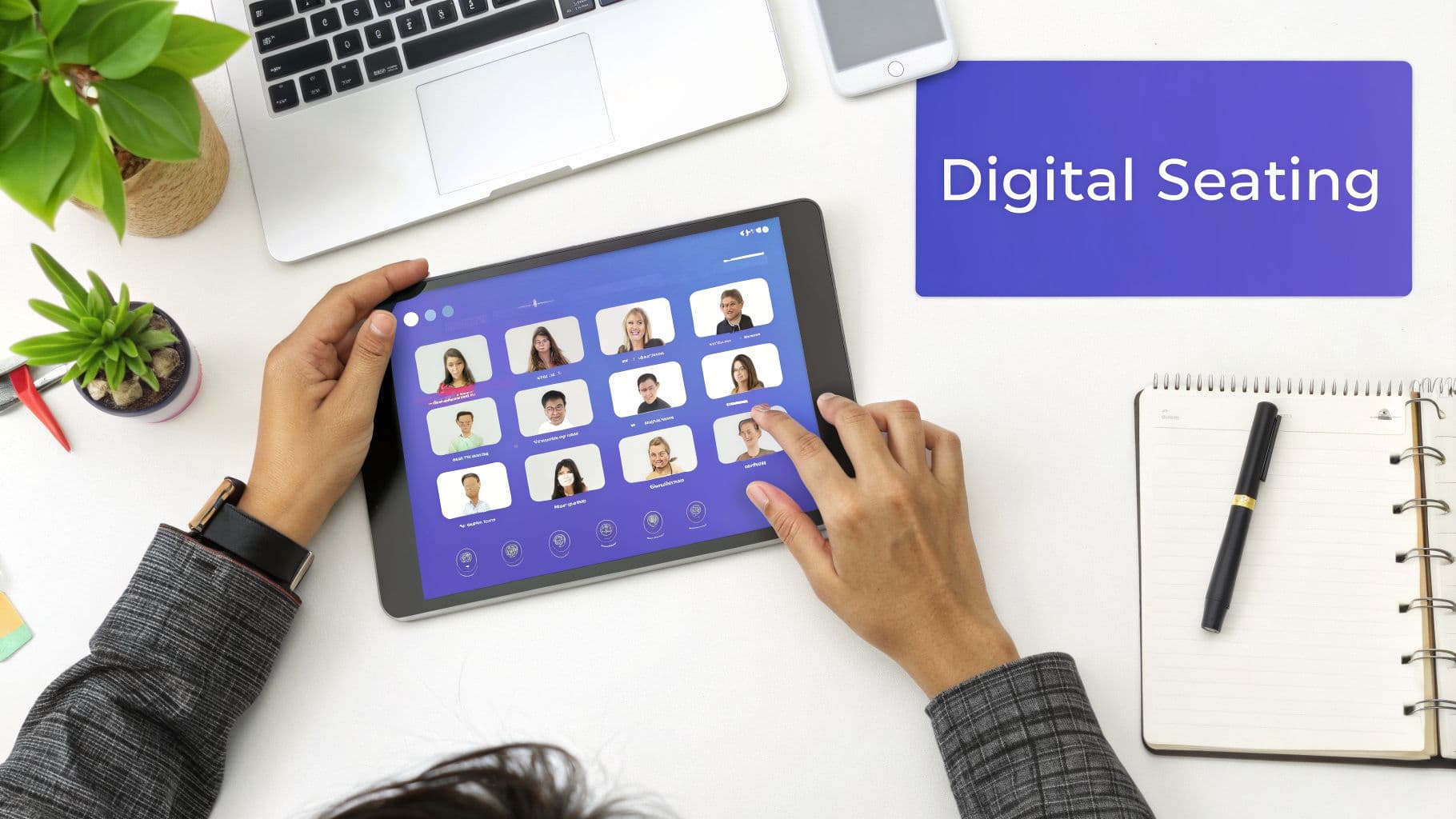 Overhead view of a person viewing a digital seating chart on a tablet, with a laptop and plants on a white desk.