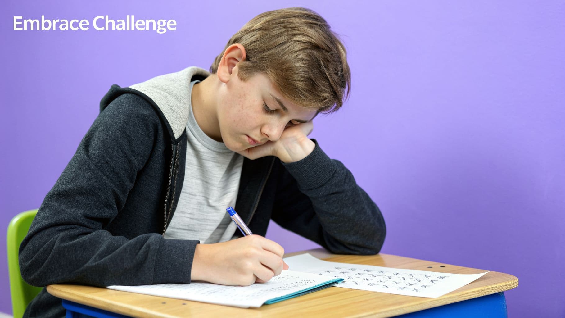 A tired student rests his head on his hand while writing in a notebook at a desk.