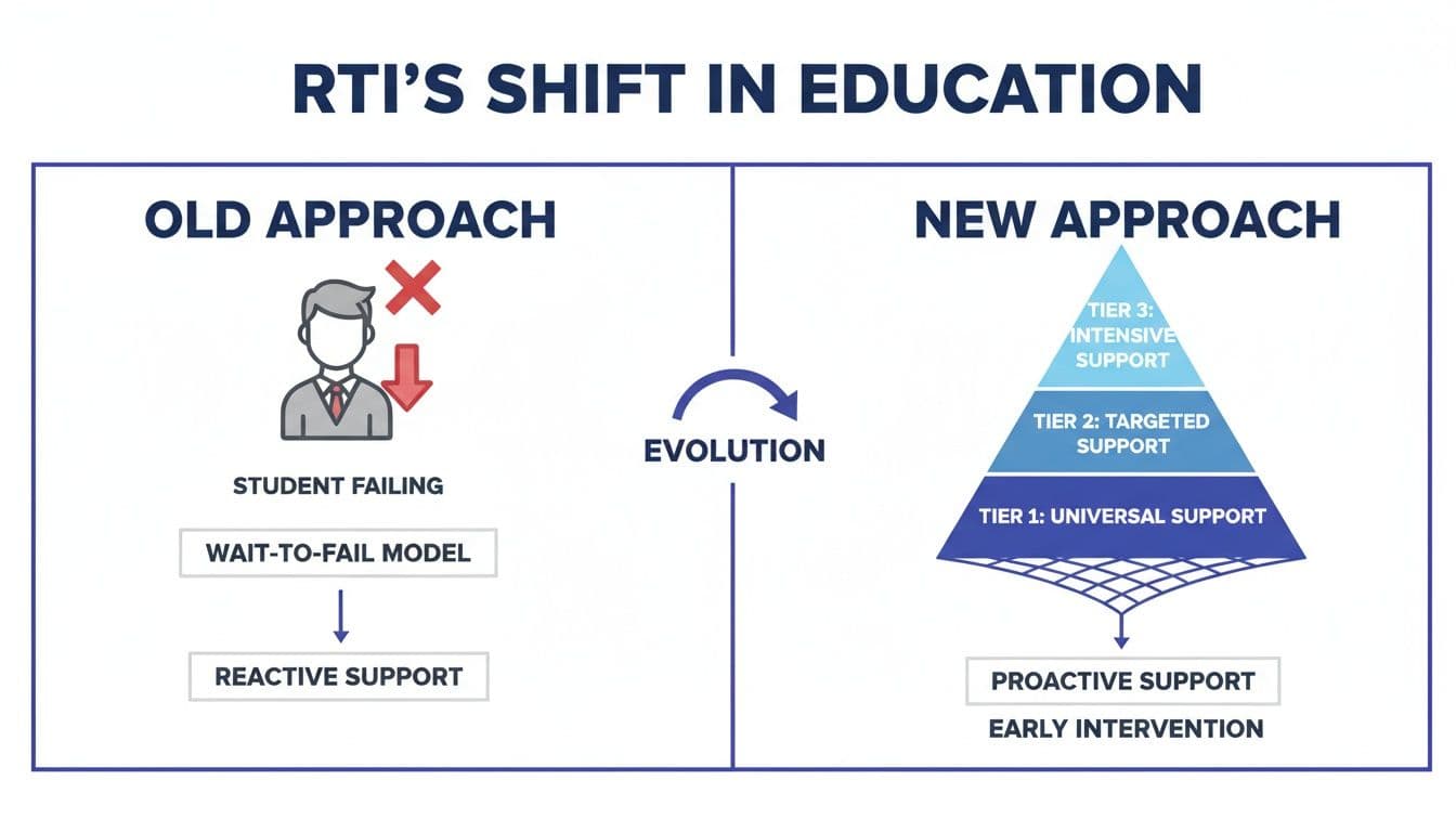 Infographic showing the evolution from old 'wait-to-fail' reactive support to new tiered proactive RTI in education.