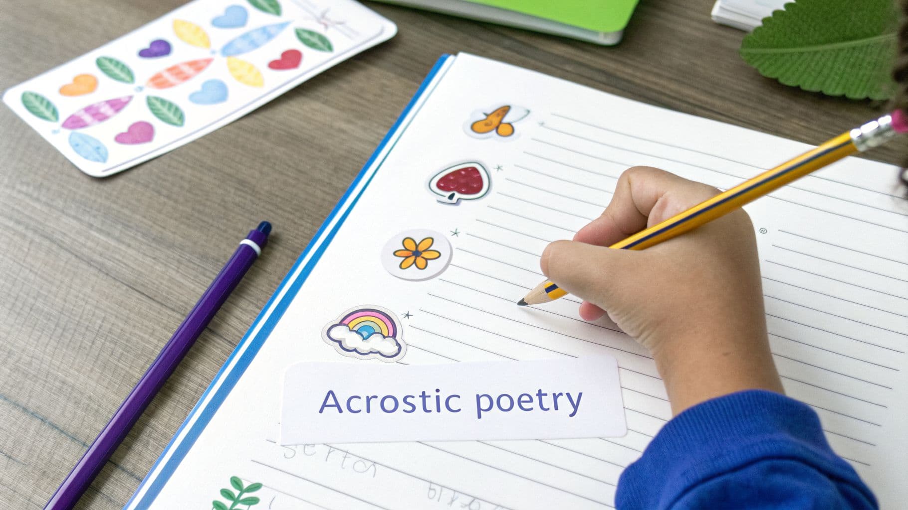 A child's hand writes in a notebook with a pencil, learning about acrostic poetry.