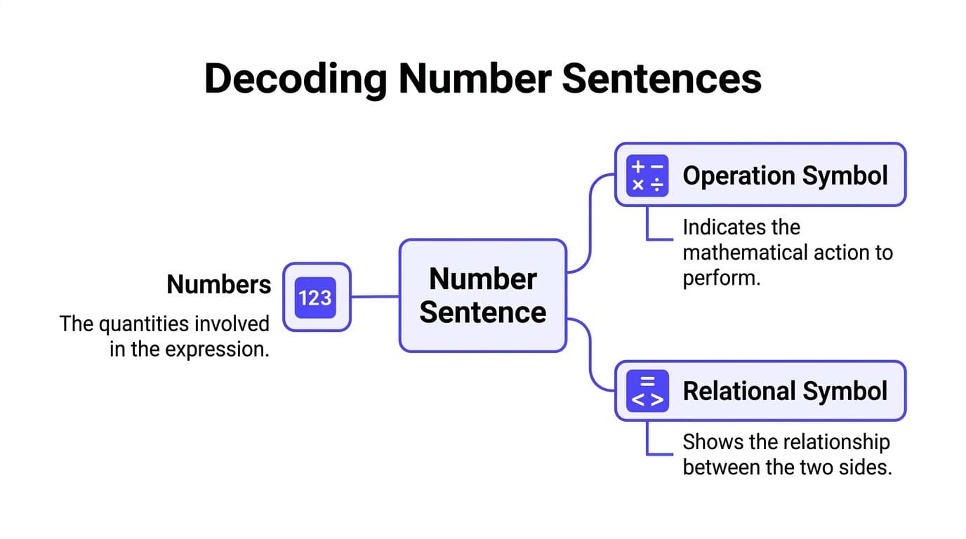 A diagram explaining components of a number sentence including numbers, operation symbols, and relational symbols.