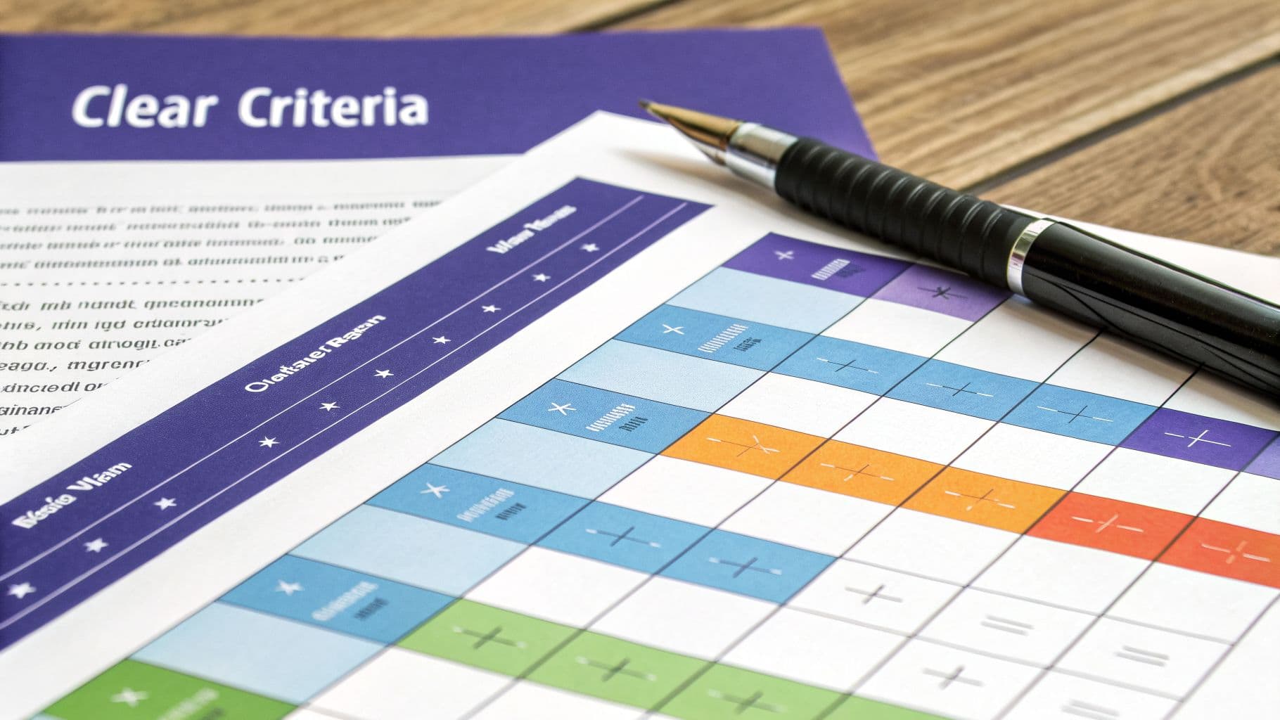 A close-up of a document titled 'Clear Criteria' featuring a colorful rubric table and a pen on a wooden desk.
