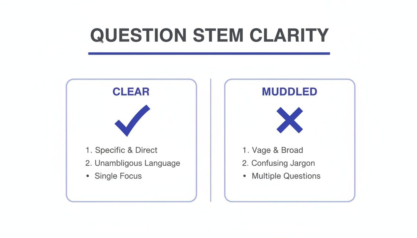 Infographic comparing clear versus muddled question stem clarity, outlining characteristics for each type.