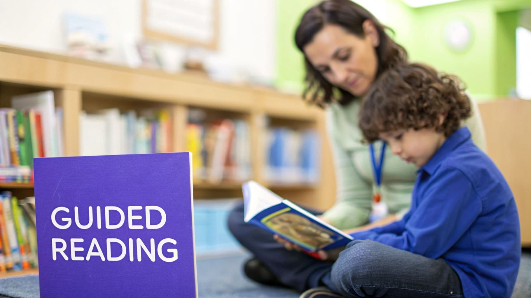 A purple book titled 'GUIDED READING' in the foreground, with a teacher helping a child read in a library background.