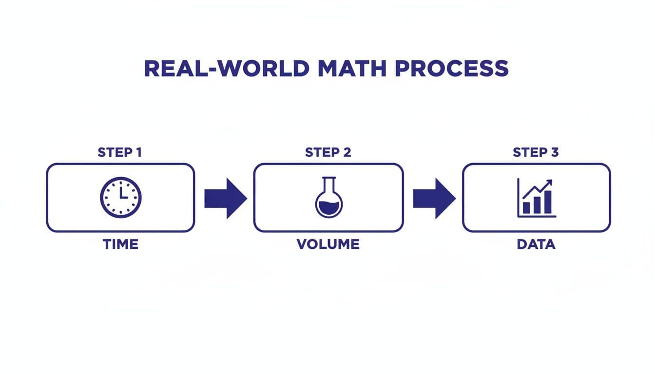 A diagram illustrating the real-world math process, showing steps for time, volume, and data.
