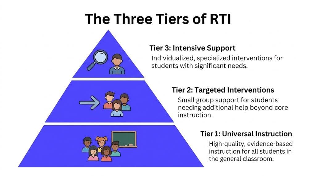 A pyramid diagram showing the three tiers of RTI, ranging from universal instruction to intensive support for students.