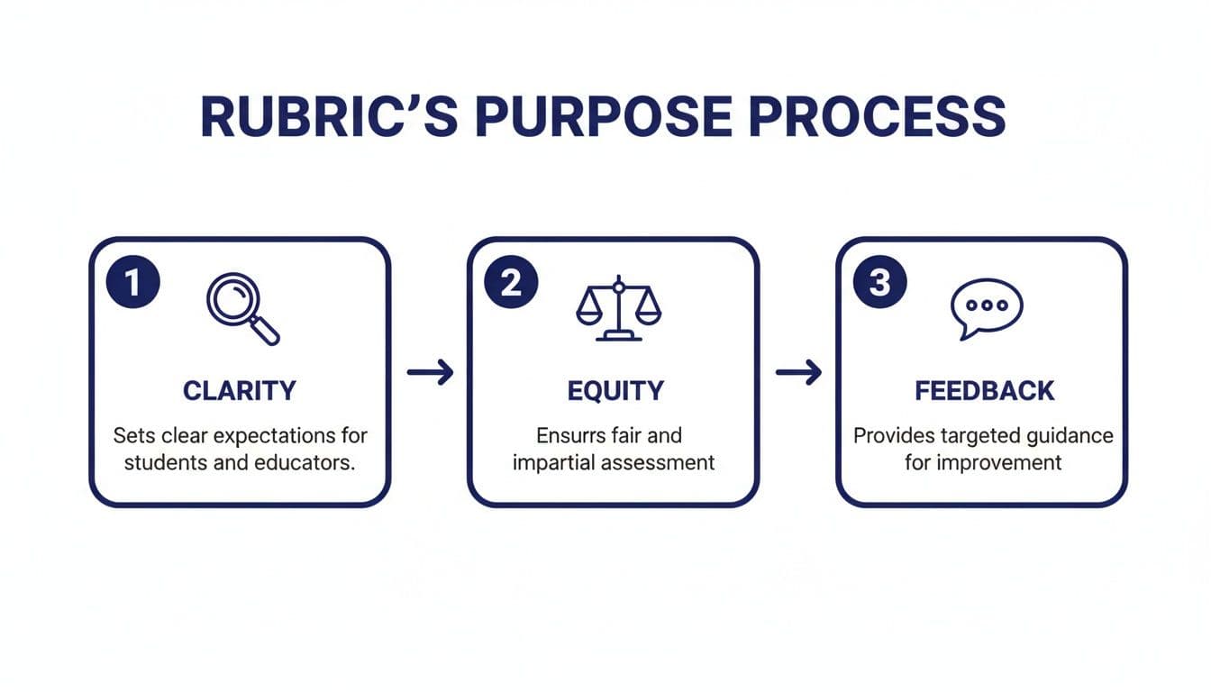 A diagram outlining the three-step rubric purpose process: clarity, equity, and feedback for effective assessment.