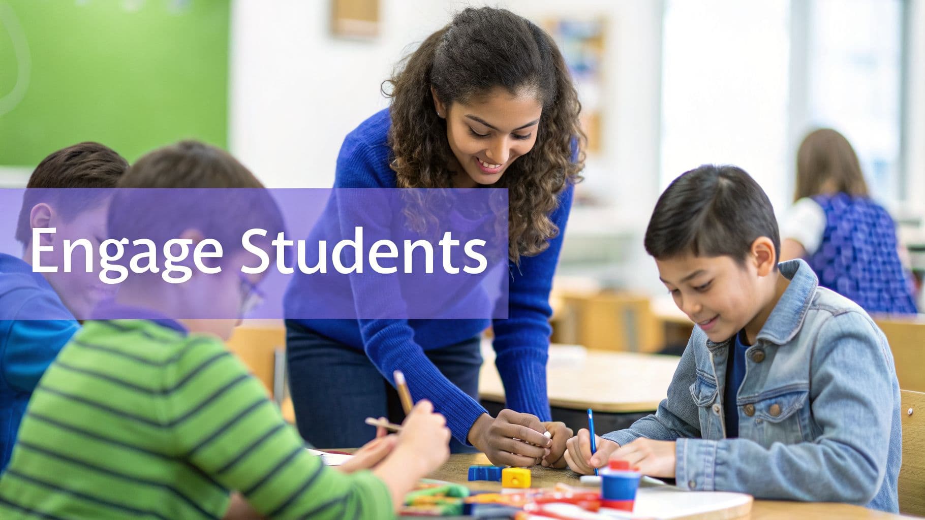 A smiling teacher assists elementary school children with a creative activity in a classroom.