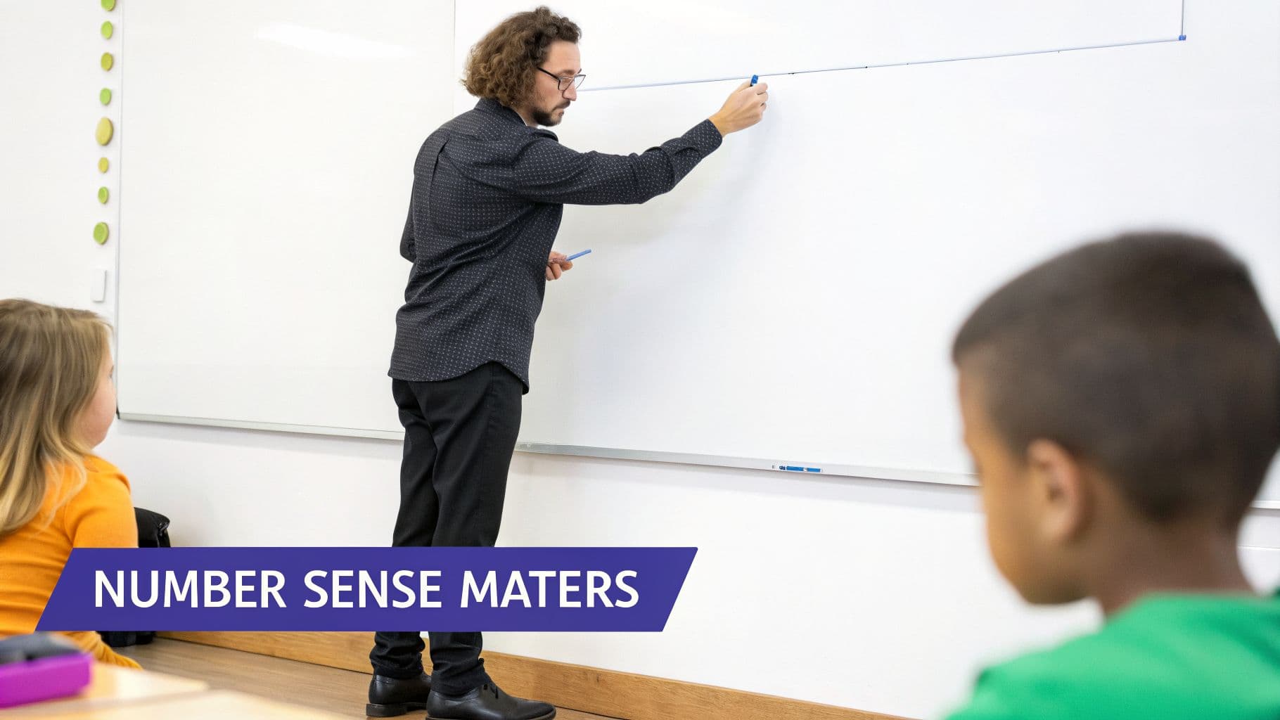 A male teacher draws on a whiteboard with a tool while two young students observe him during a lesson.