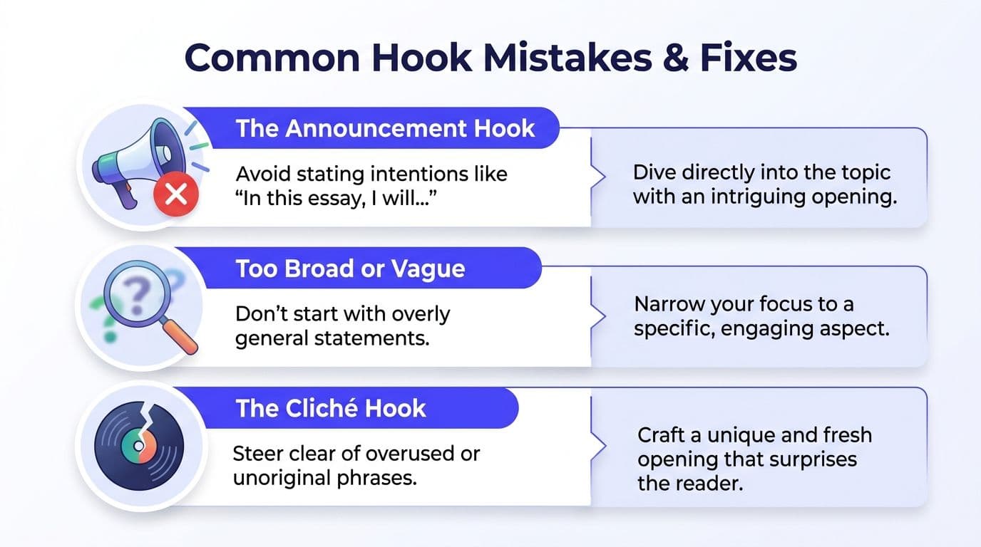 A graphic showing three common writing hook mistakes and their corresponding fixes to improve essay introductions.