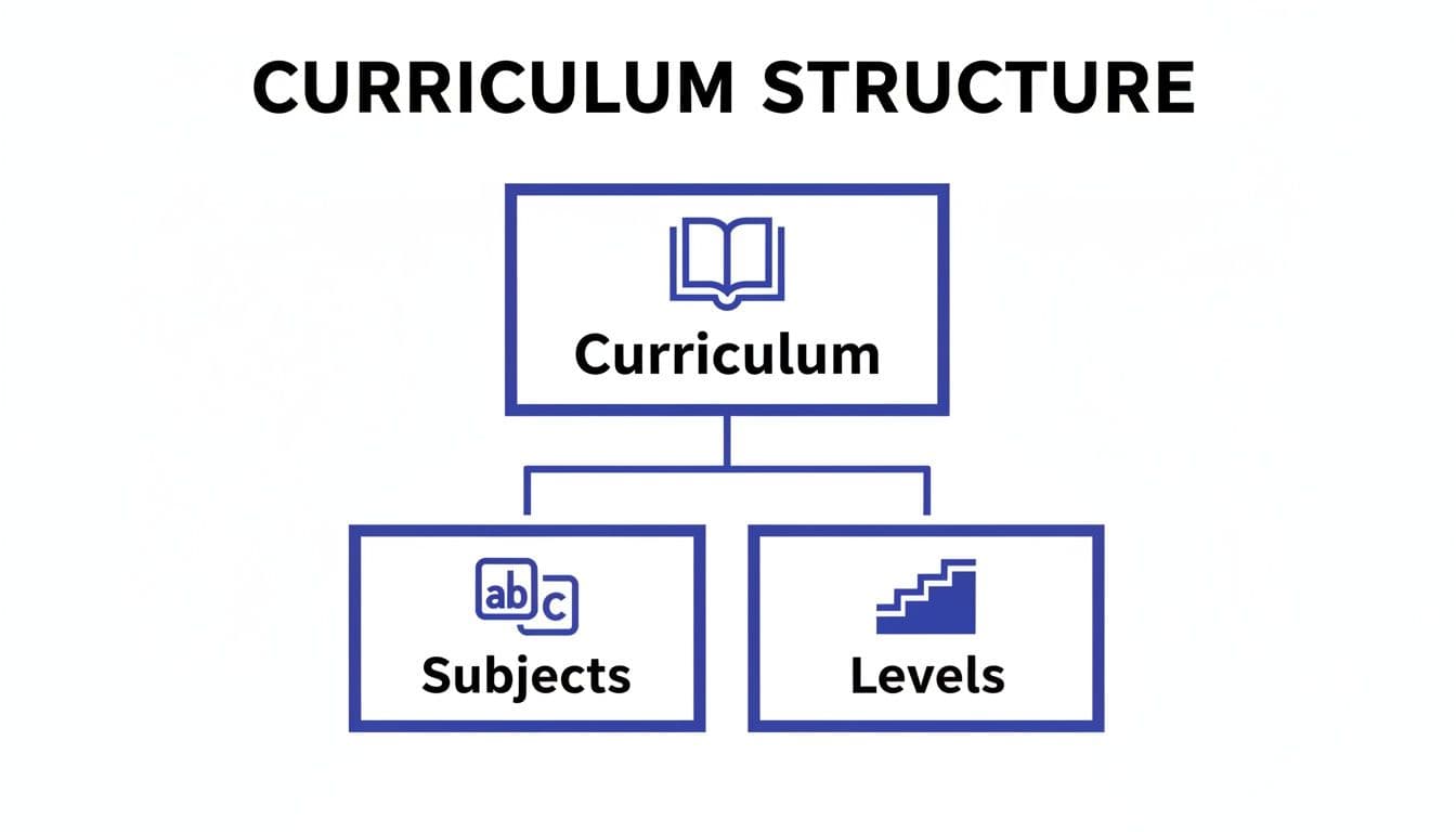 A flowchart titled 'Curriculum Structure' showing 'Curriculum' branching into 'Subjects' and 'Levels'.