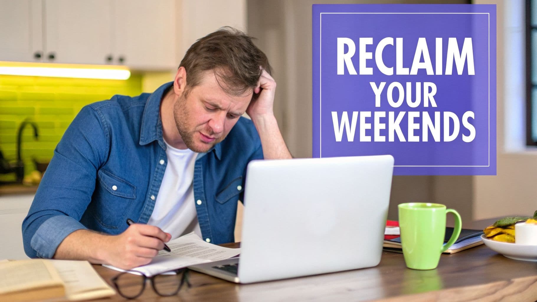 A man looks stressed while working on his laptop and papers at a kitchen table, with text 'Reclaim Your Weekends'.