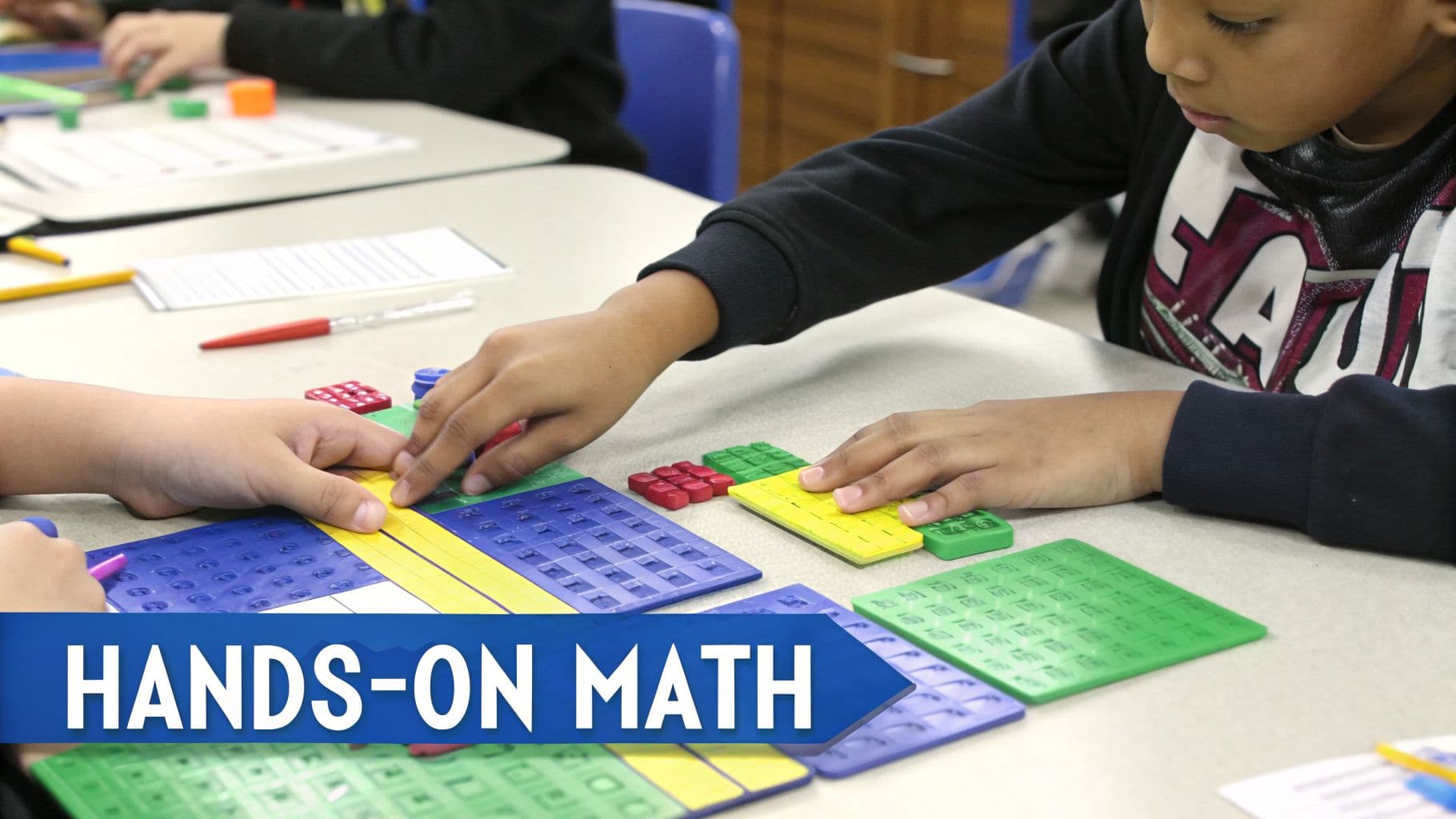 Young students' hands engaged with colorful math manipulatives during a hands-on lesson.