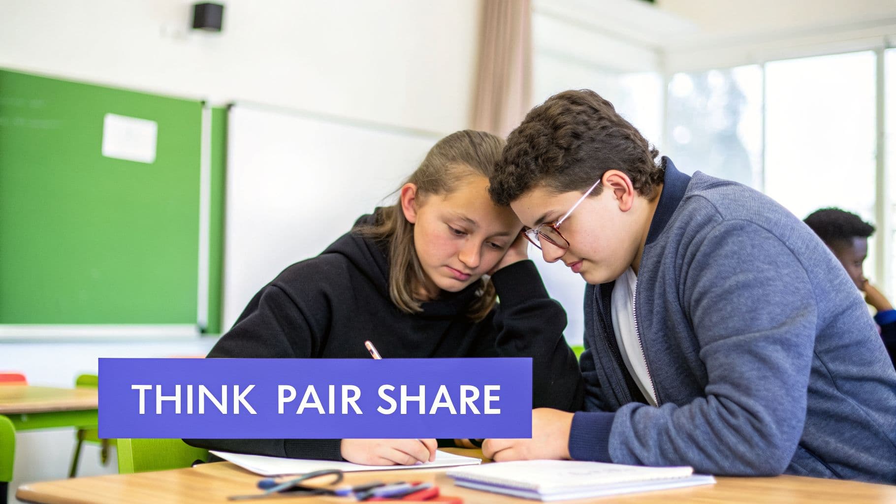 Two students collaborate at a classroom desk, looking at papers and writing. A "THINK PAIR SHARE" banner is overlaid.