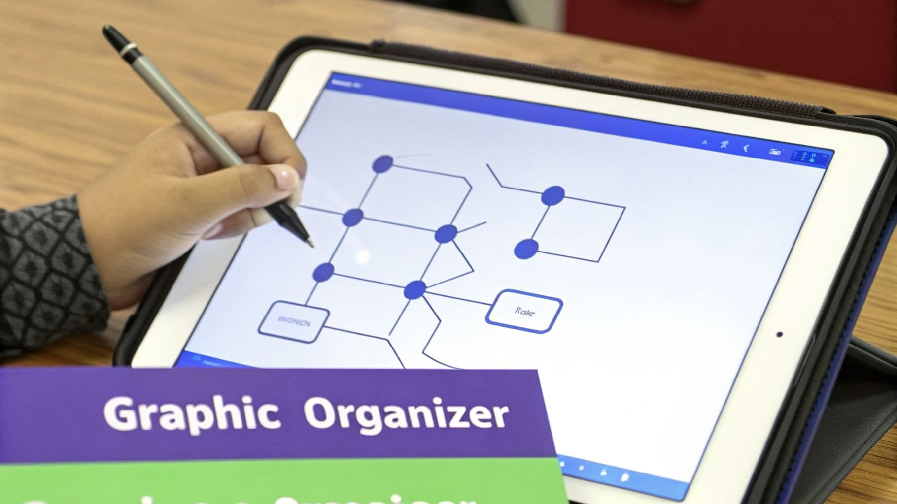 A person's hand uses a stylus on a tablet displaying a digital graphic organizer, with a book titled 'Graphic Organizer' in the foreground.