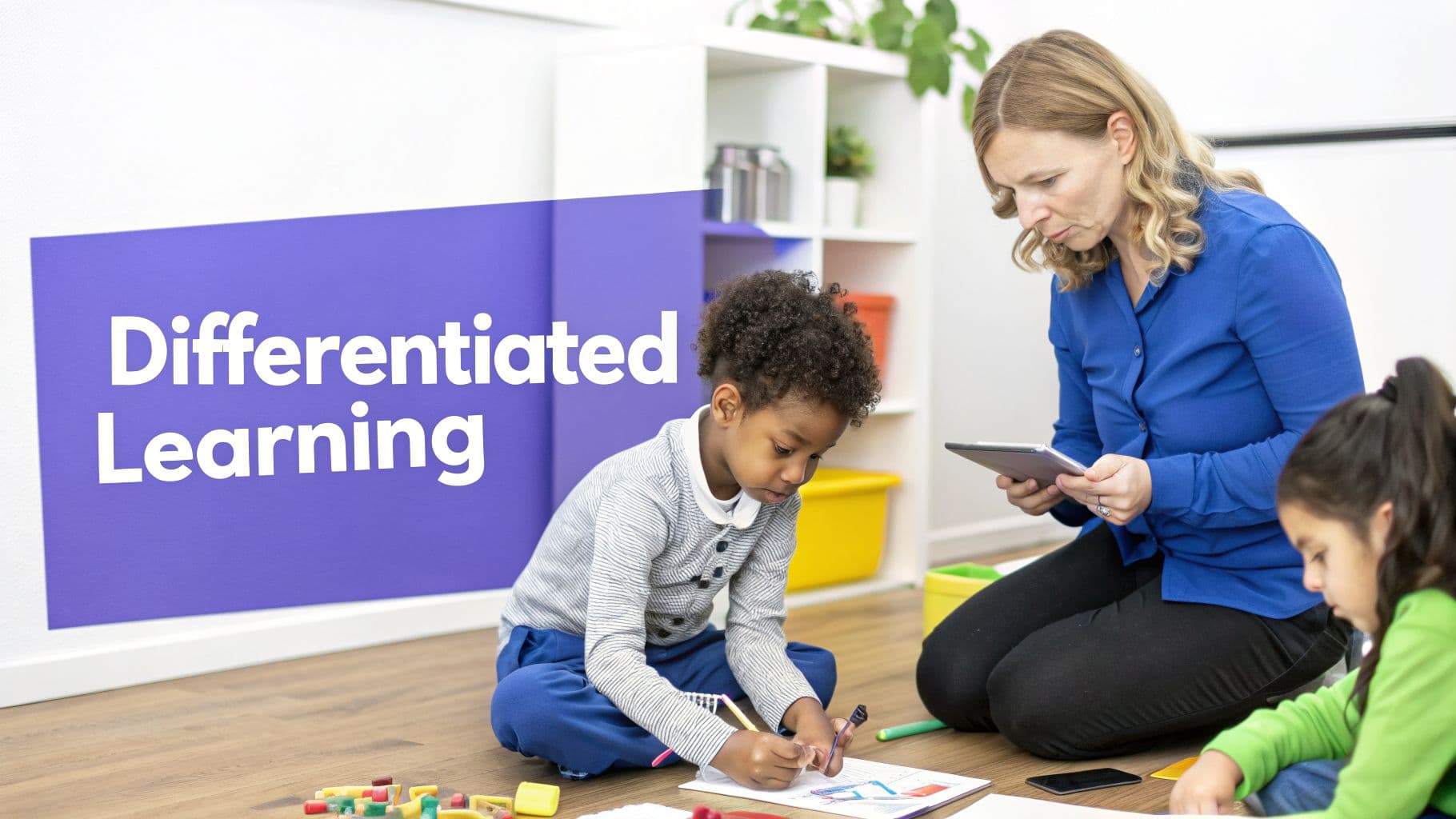 A teacher assists two young children drawing on the floor, with a 'Differentiated Learning' sign nearby.
